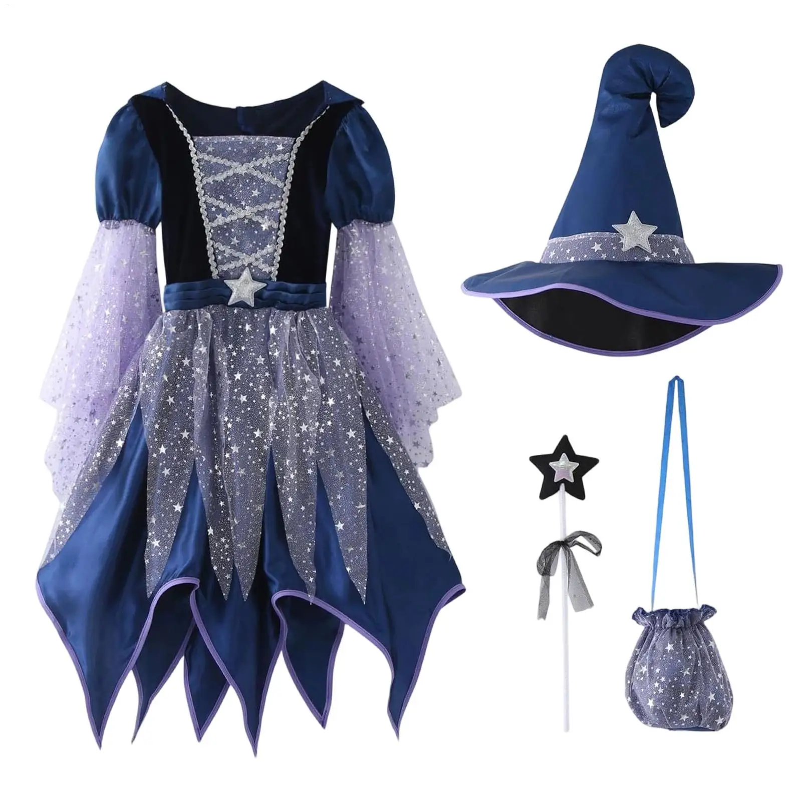 All Saint's Day Kids Dark Blue Star Tulle Witch 4 PCS Costume Set Dress+WizardHat+MagicWand Bag Girls Halloween Cosplay Outfit