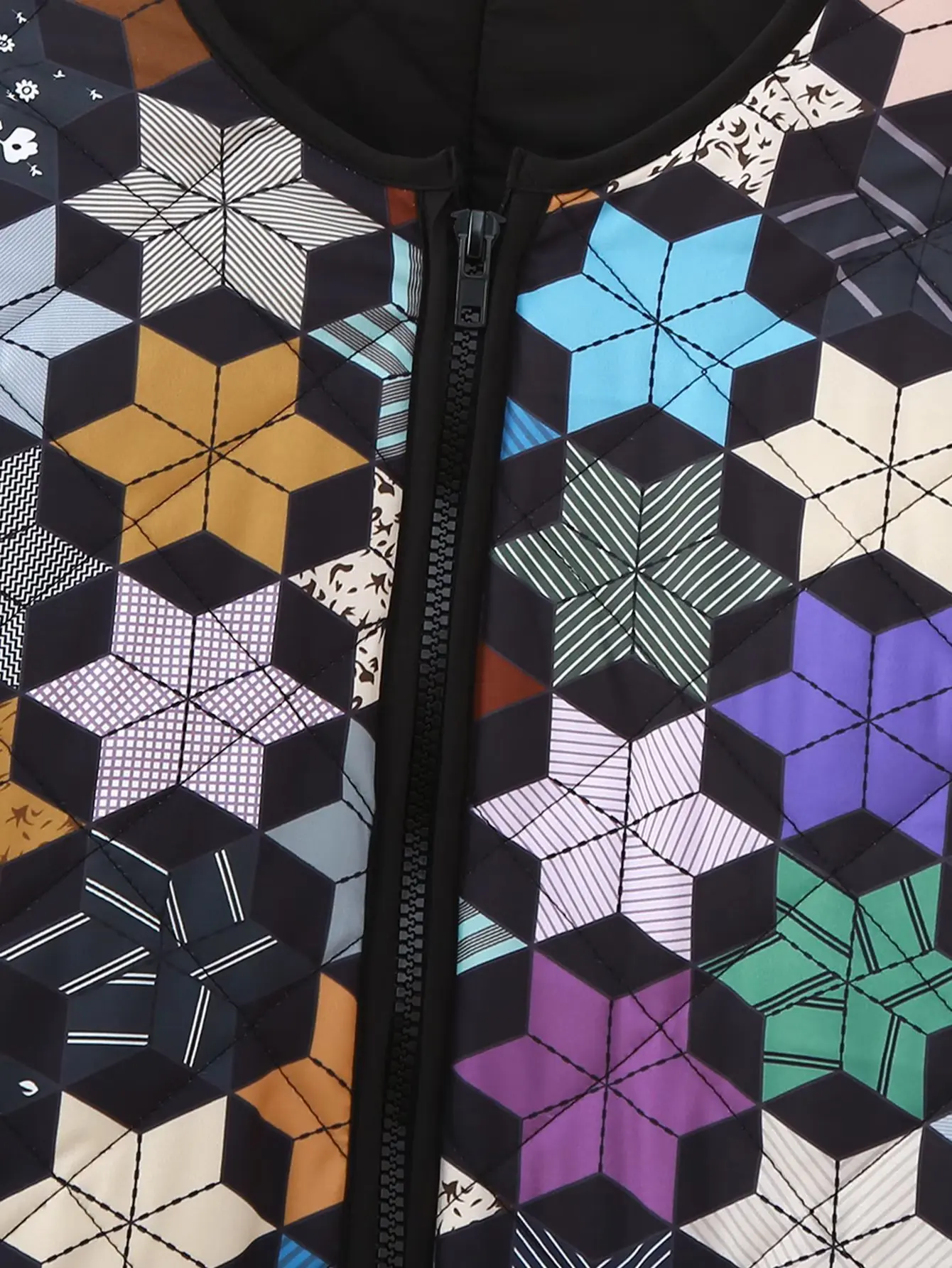 خريف شتاء جديد سترة مبطنة بالقطن للنساء موضة س الرقبة سستة كم طويل جيب التباين اللون هندسية طباعة معطف #2