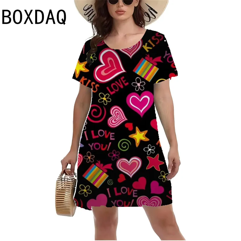 Pink Heart Patterned Printed Sweet Dress Female Short Sleeve O-Neck Casual A-Line Dress Summer New Women Mini Dress Vestidos