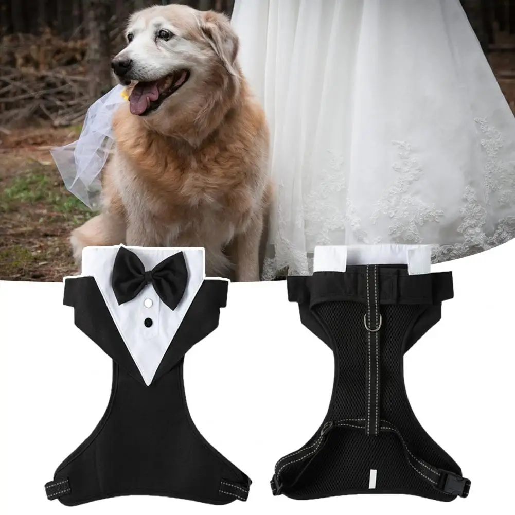 Attractive Pet Tuxedo Clothes Adjustable Neck Circumference Black Bow-tie Contrast Color Dog Wedding Attire Chest Harness