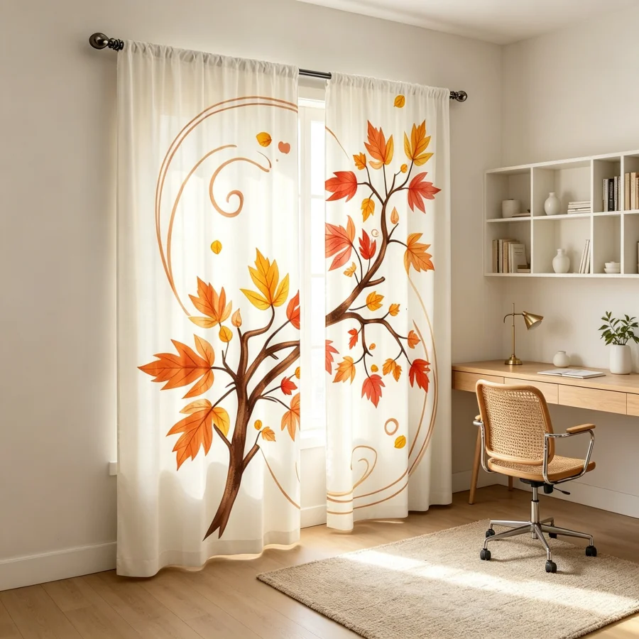 2PCS Digital Print Curtain, Curved Arc Shaped Maple Leaves, Modern Abstract Autumn Style for Living Room Bedroom Decor