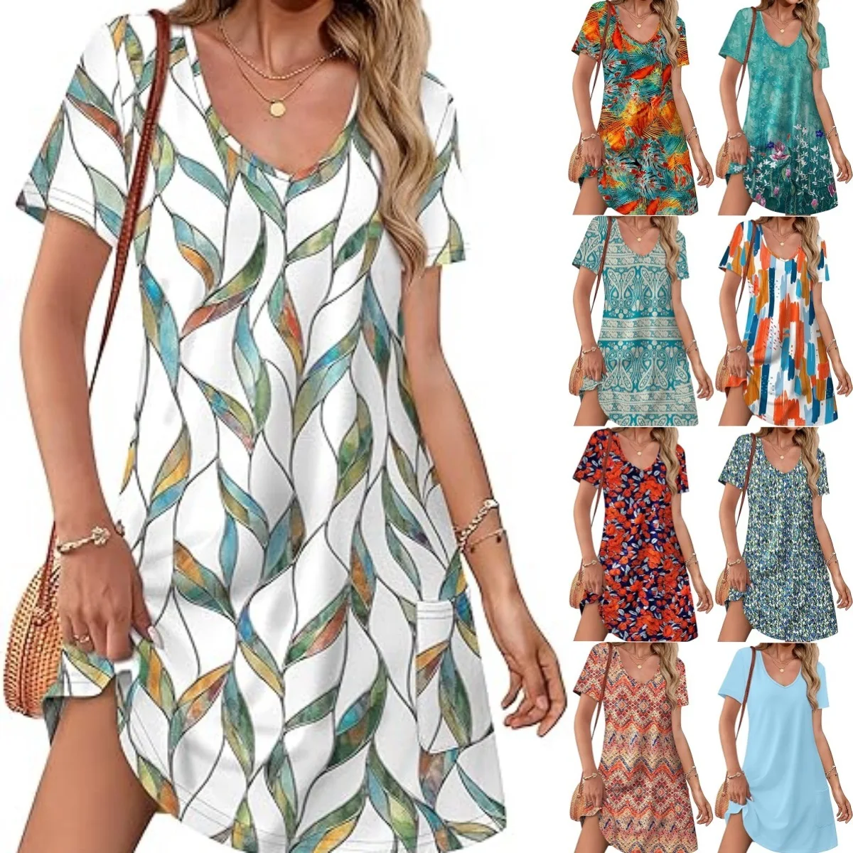 

Women Beach Dress 2025 Loose V-neck Casual Bohemian Printed Short Sleeve Shirt Women's Summer mini Dress