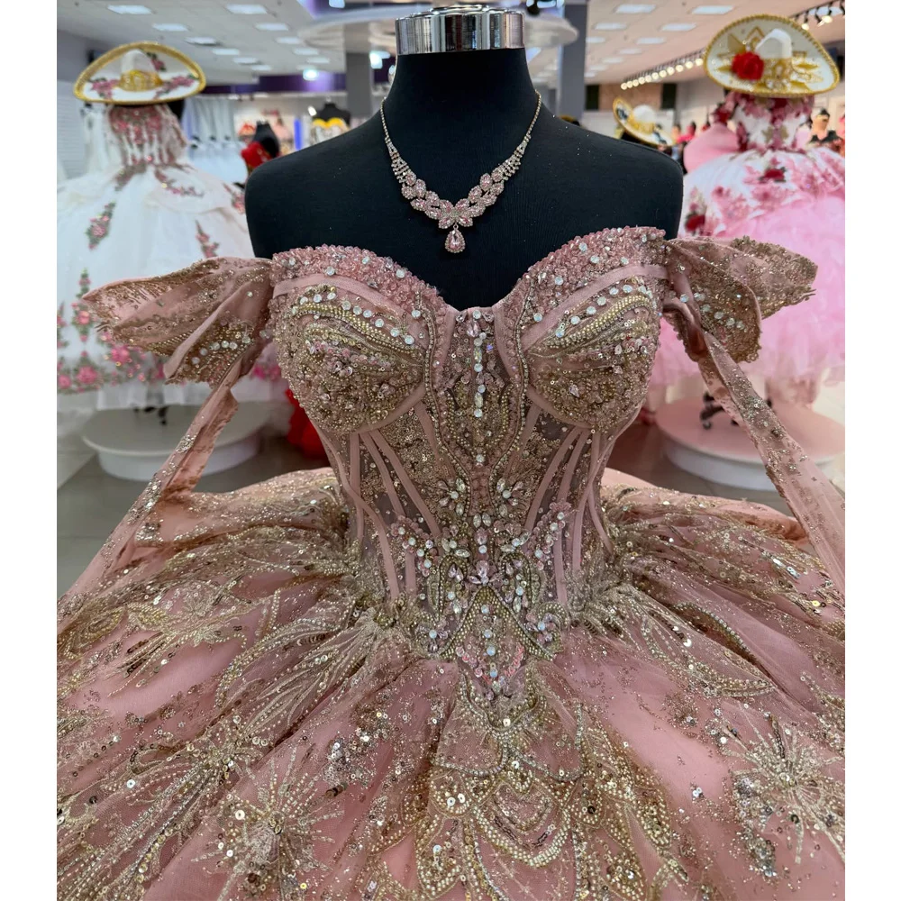 

Розовое бальное платье для церемонии Кинсеанера с цветочными аппликациями и бисером, в мексиканском стиле, для Sweet 16, Vestido De 15 Anos