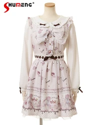 Japanese Style Mass-Produced Peter Pan Collar Lace BowkDress Lolita Sweet Cartoon Print Long Sleeve A-line Short Dress