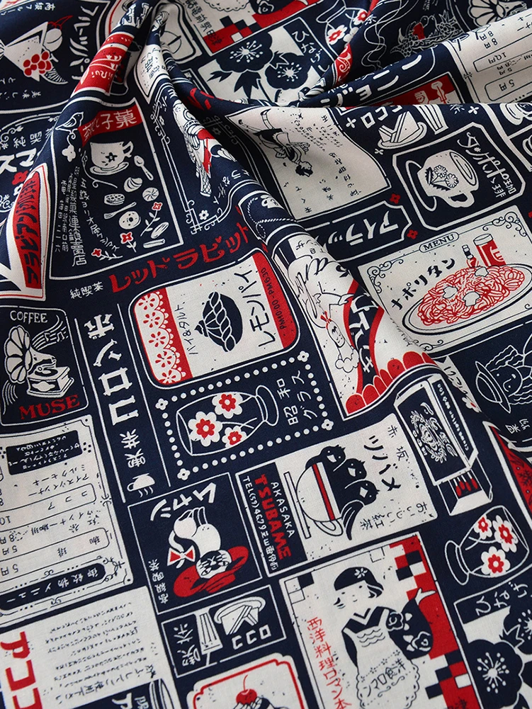 Pure Cotton Fabric Black Navy Red Handmade DIY Background Cloth Japanese Showa Style Poster by Half Meter