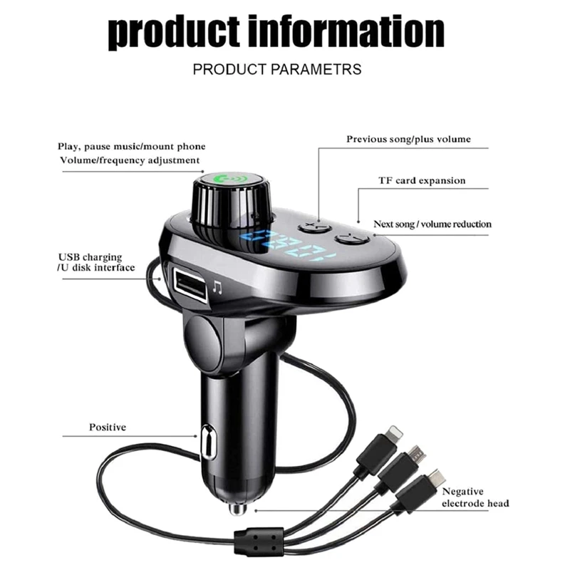 Transmissor FM rádio com celular Android cabo do carregador, multifuncional mãos livres carro kit adaptador, Bluetooth 5.0, preto