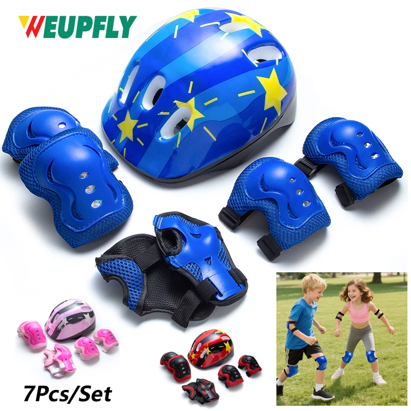 7Pcs Kids Helmet and Pads Set for Bicycle Scooter Skate - Adjustable Safety Gear for Boys and Girls with Knee Elbow Wrist Guards