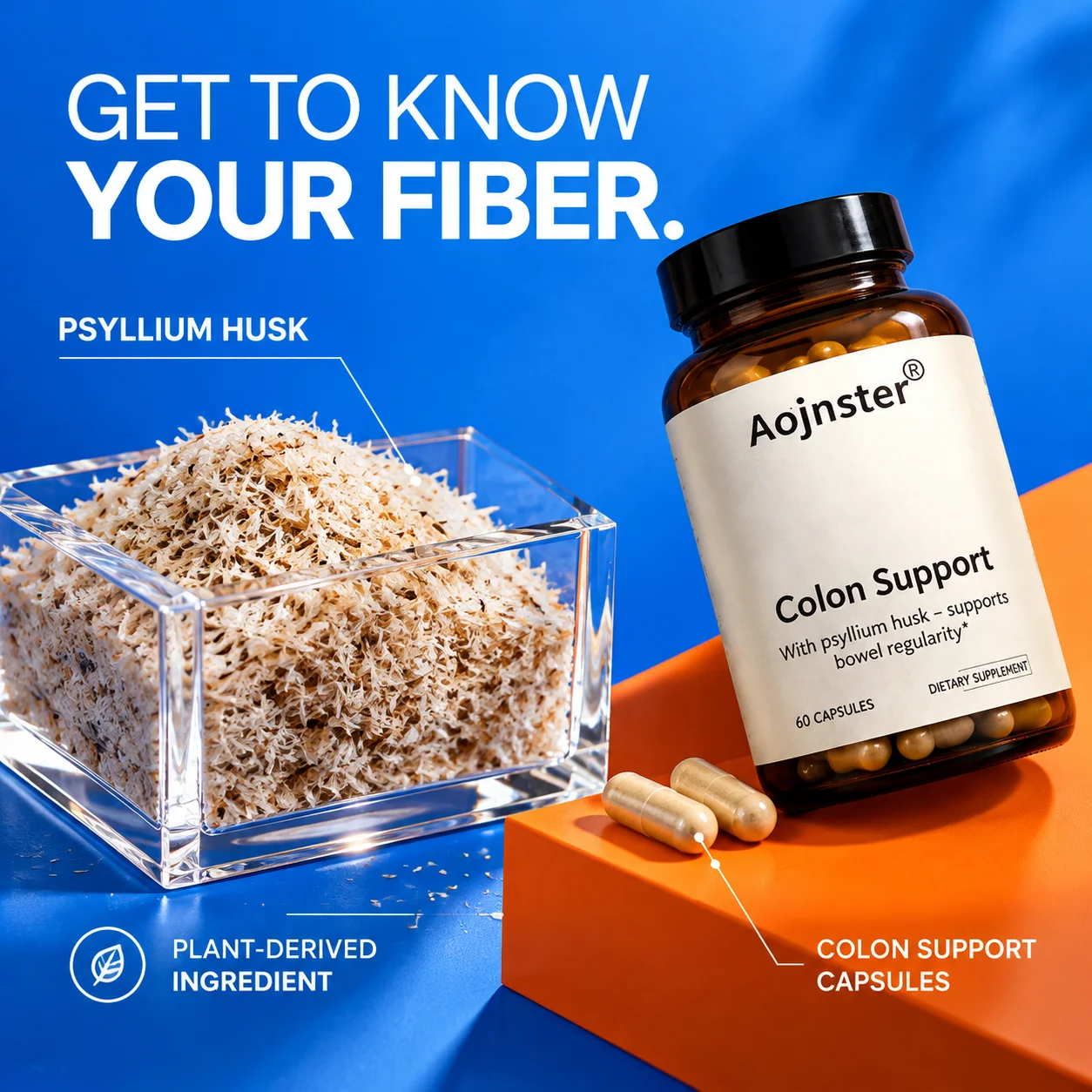 Aojnster Psyllium Husk Colon Support 60 Capsules, Fiber Supplement for Bowel Regularity, Convenient No-Mix Format