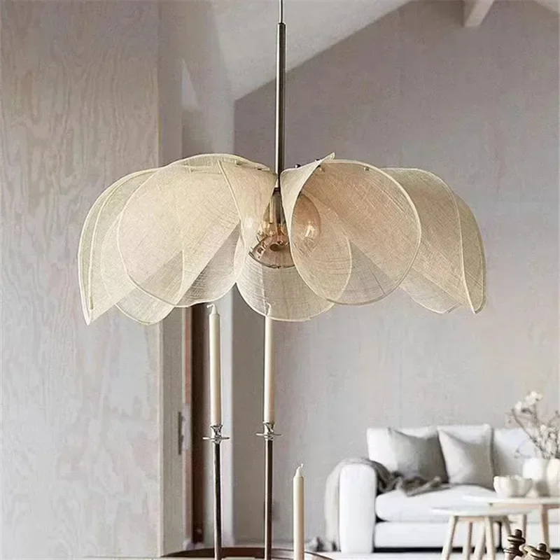 

French Led Light Hotel Wabi Sabi Fabric Pendant Lights Restaurant Cloth Flower Lamp Living Room Hanging Lamp for Home Deocr