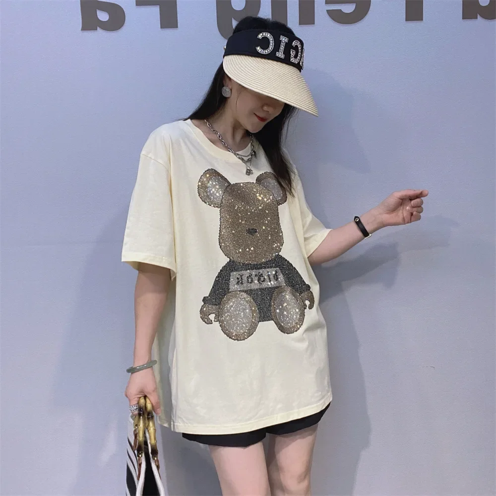 Plus Size Cartoon Bear Pattern Diamonds Short Sleeve Tees for Women Summer Clothing Thin Casual Loose O Neck T Shirt Knitwear