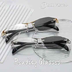 2025 Photosensitive Color Changing Frameless Reading Glasses High-definition Presbyopia Glasses Anti Blue Light Reading Glasses