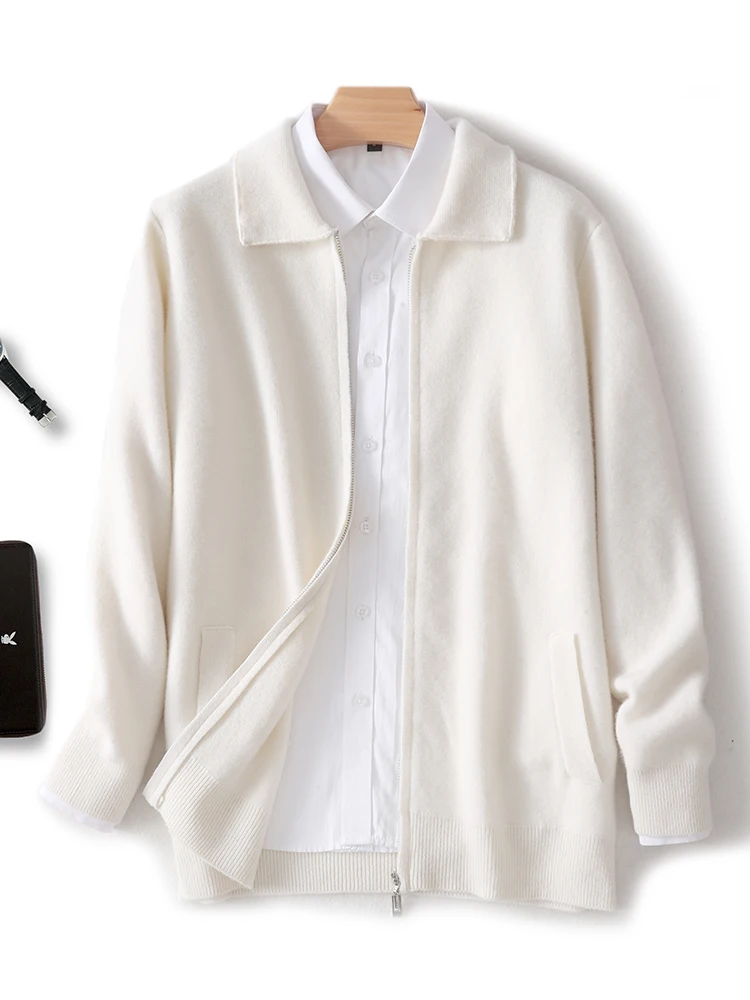 Chic Thick Cardigan Coat Men's 100% Merino Wool Knitwear Smart Casual Autumn Winter Polo Collar Zipper Sweater Soft Wool Tops