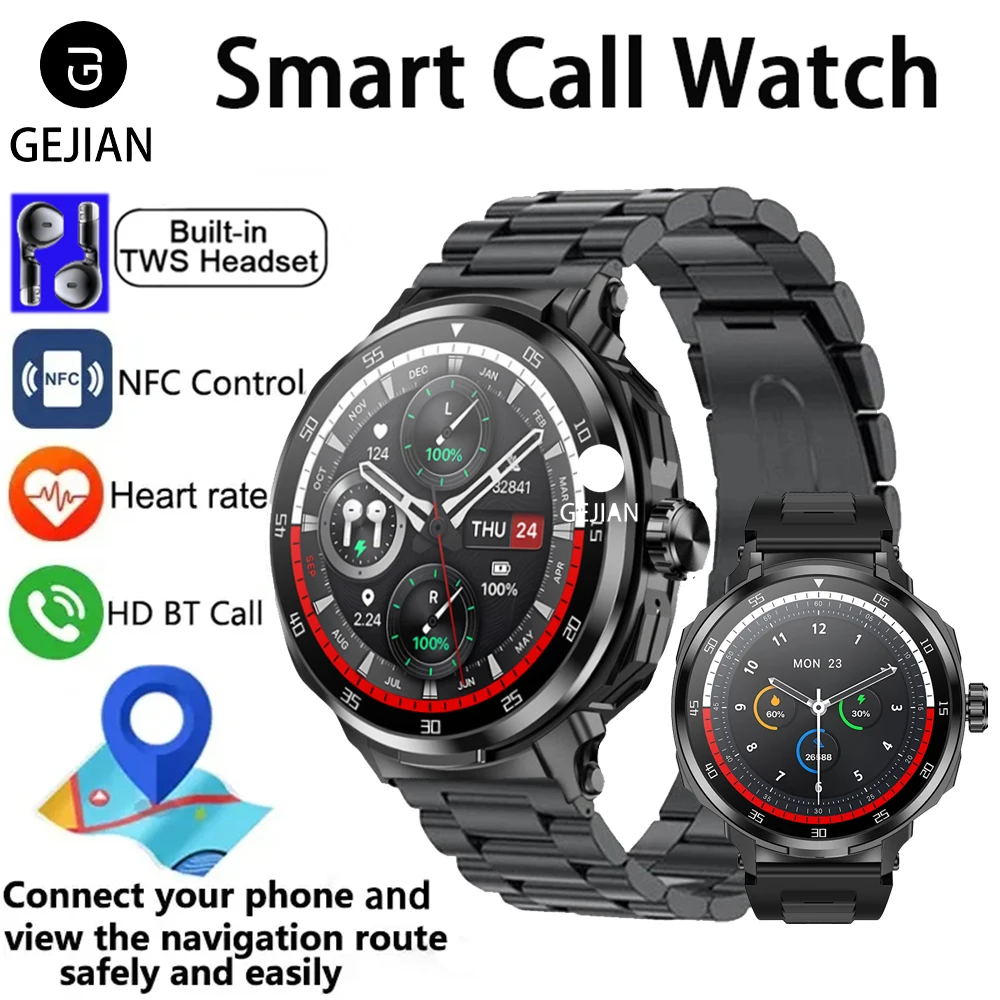 GEJIAN 2025 ساعة ذكية TWS 2 في 1 جديدة تأتي مع سماعات بلوتوث مراقبة معدل ضربات القلب BT Call Sports Trajectory Smartwatch