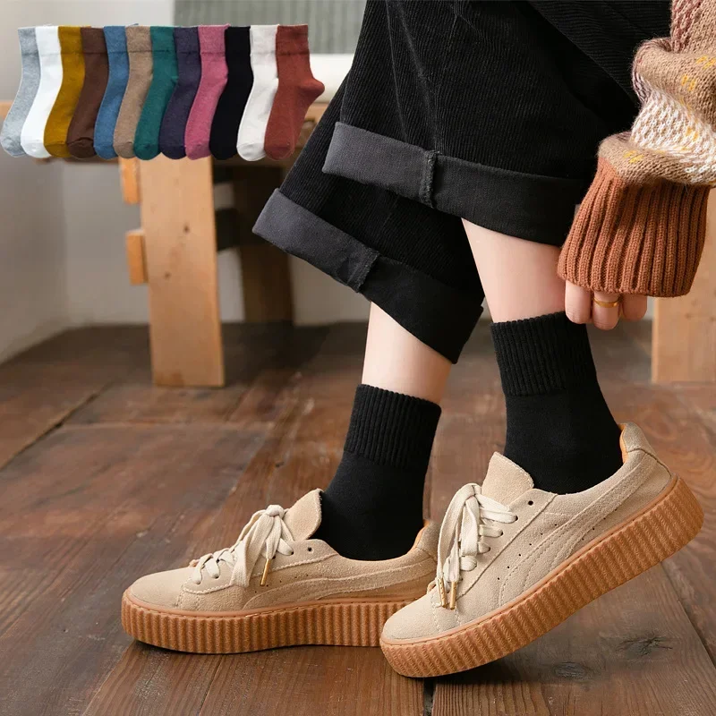 5PCS Women Cotton Socks Autumn Winter Solid Color Breathable Soft Mid-Sleeve Socks Deodorant And Anti-Athlete Cute Socks