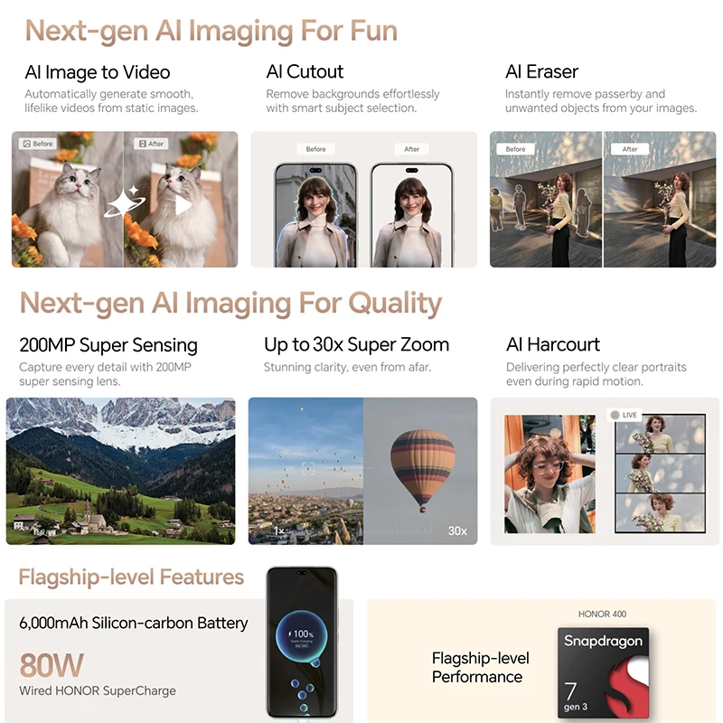 كاميرا Honor 400-Snapdragon 7 Gen 3، AMOLED 120 هرتز، 6000 مللي أمبير، 200 ميجابكسل + 50 ميجابكسل AI Super، هاتف ذكي 6.55 بوصة