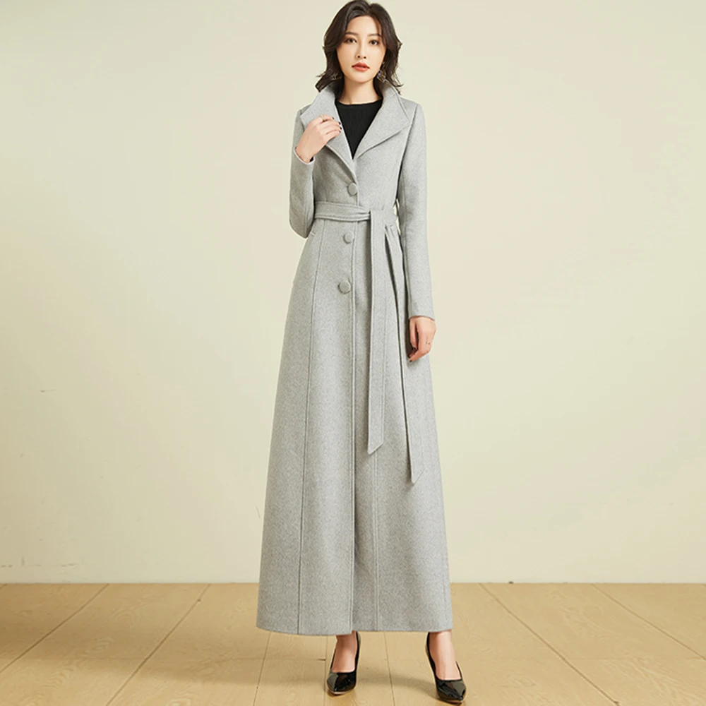 

New Women Long Woolen Coat Autumn Winter Fashion Turn-down Collar Belt Slim Wool Blends Overcoat Elegant Gray Overlength Coat