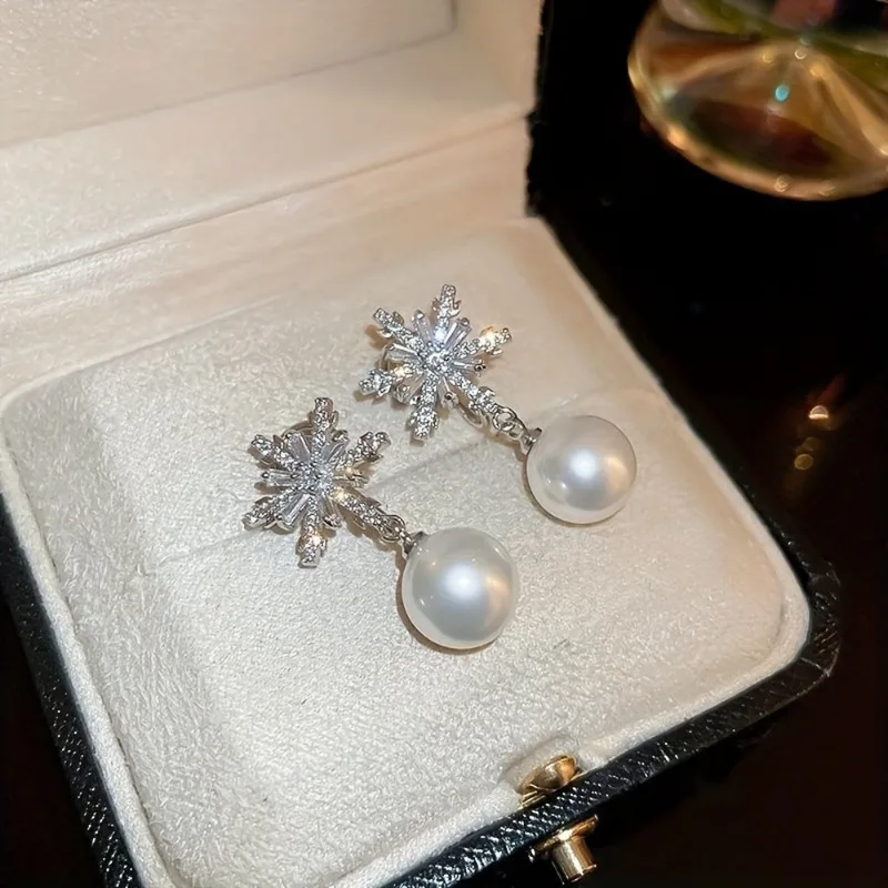 Exquisite Shiny Synthetic Rhinestone Snowflake Earrings with Imitation Pearl Pendant Ideal Choice for Gifts Suitable for Party