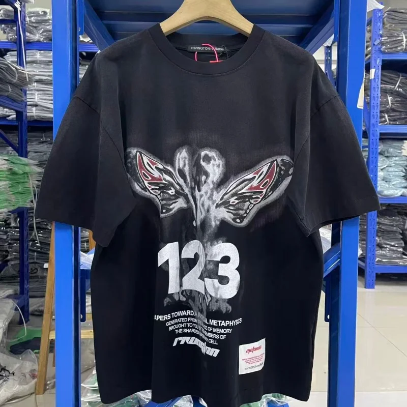 Premium Heavy Cotton T-Shirt Men RRR Butterfly Number Print Oversized Hip Hop Street Tee