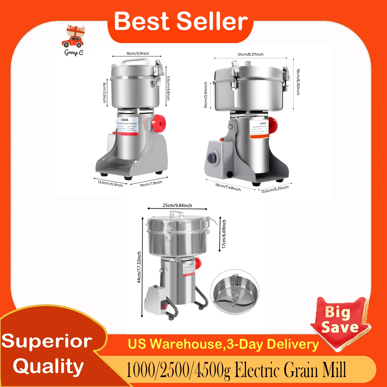 

1000/2500/4500g Electric Grain Mill, Commercial Stainless Steel Flour Mill, 110V Grain Grinder for Wheat, Corn, Rice