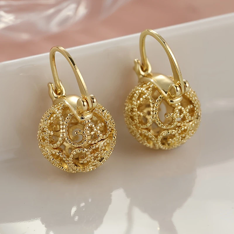 Huitan Novel Hollow Filigree Ball Drop Earrings for Women Gold Color Statement Wedding Fancy Engagement Luxury Party Jewelry