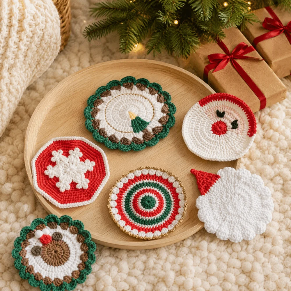 Crochet Non Slip Christmas Coaster Knitted Handmade Drink Coaster Yarn Crochet Table Mat Gift for Family