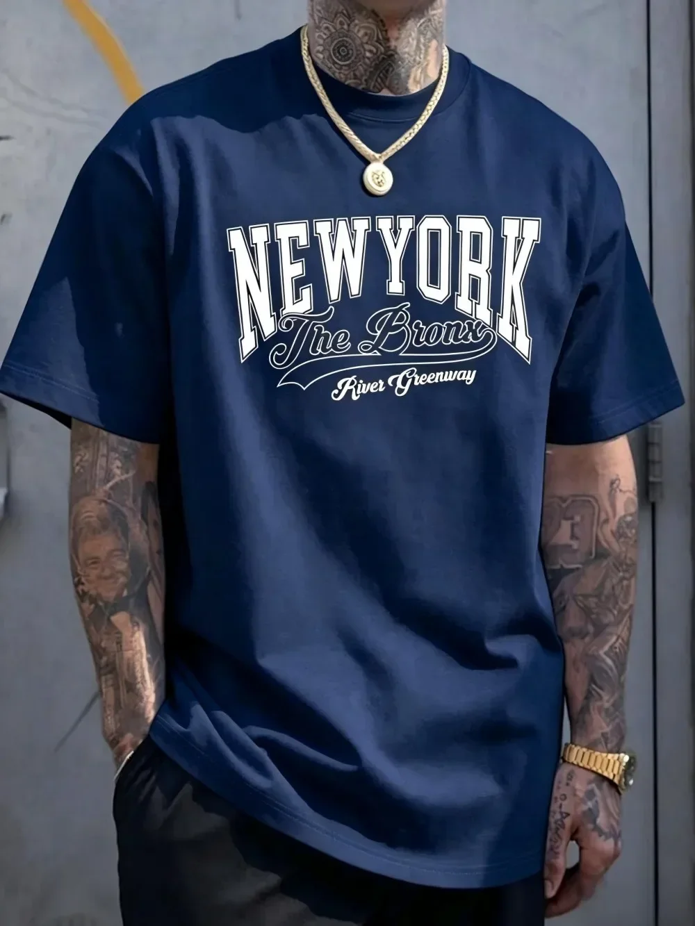 American Men's Summer Gothic Letter New York Print micro Elastic Breathable Round Neck T-Shirt Outdoor Urban Casual Top
