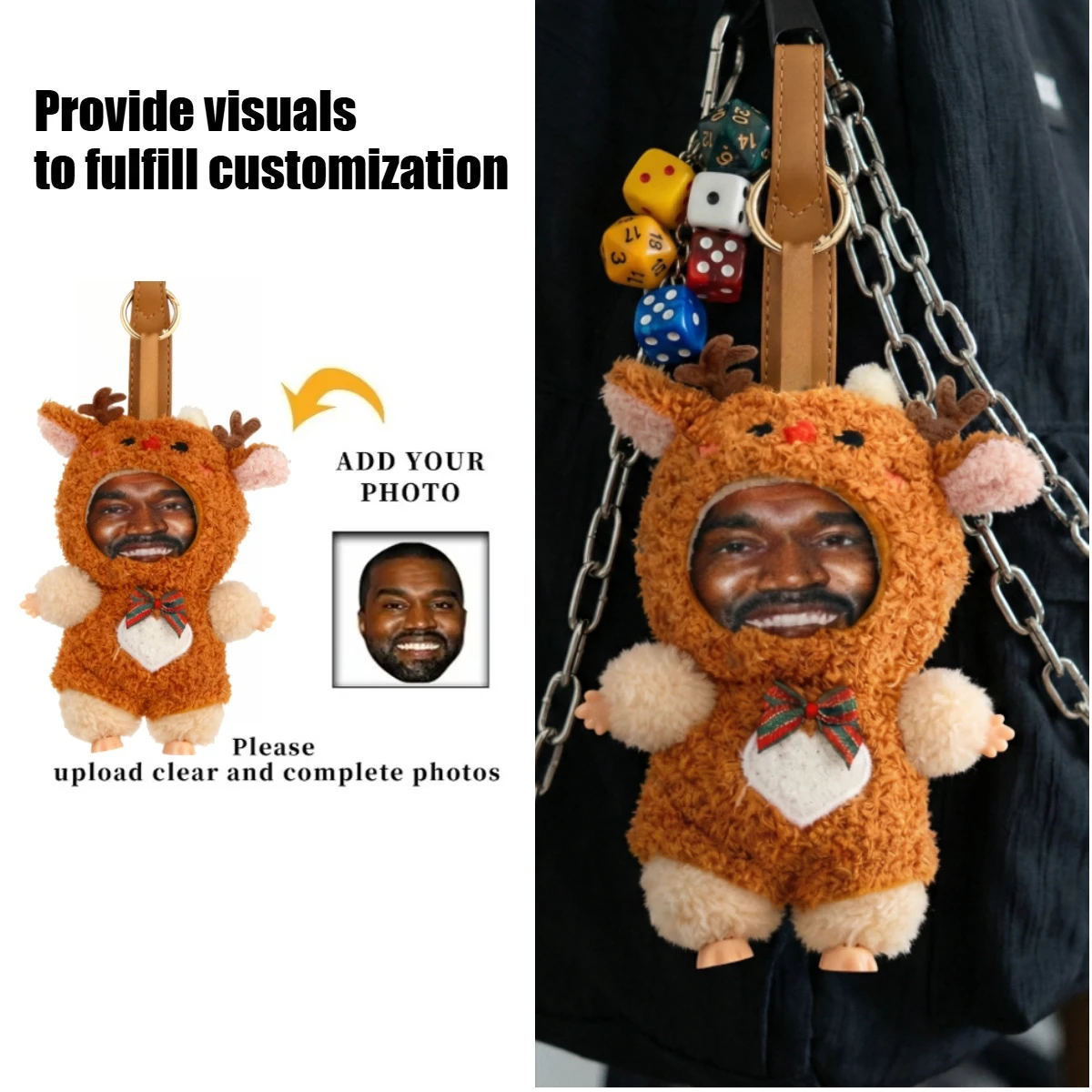 

Personalized Funny Face Custom Christmas Reindeer Key Chain Kanye's Same Layeye Pendant Gift for Boyfriend Girlfriend Pet Baby