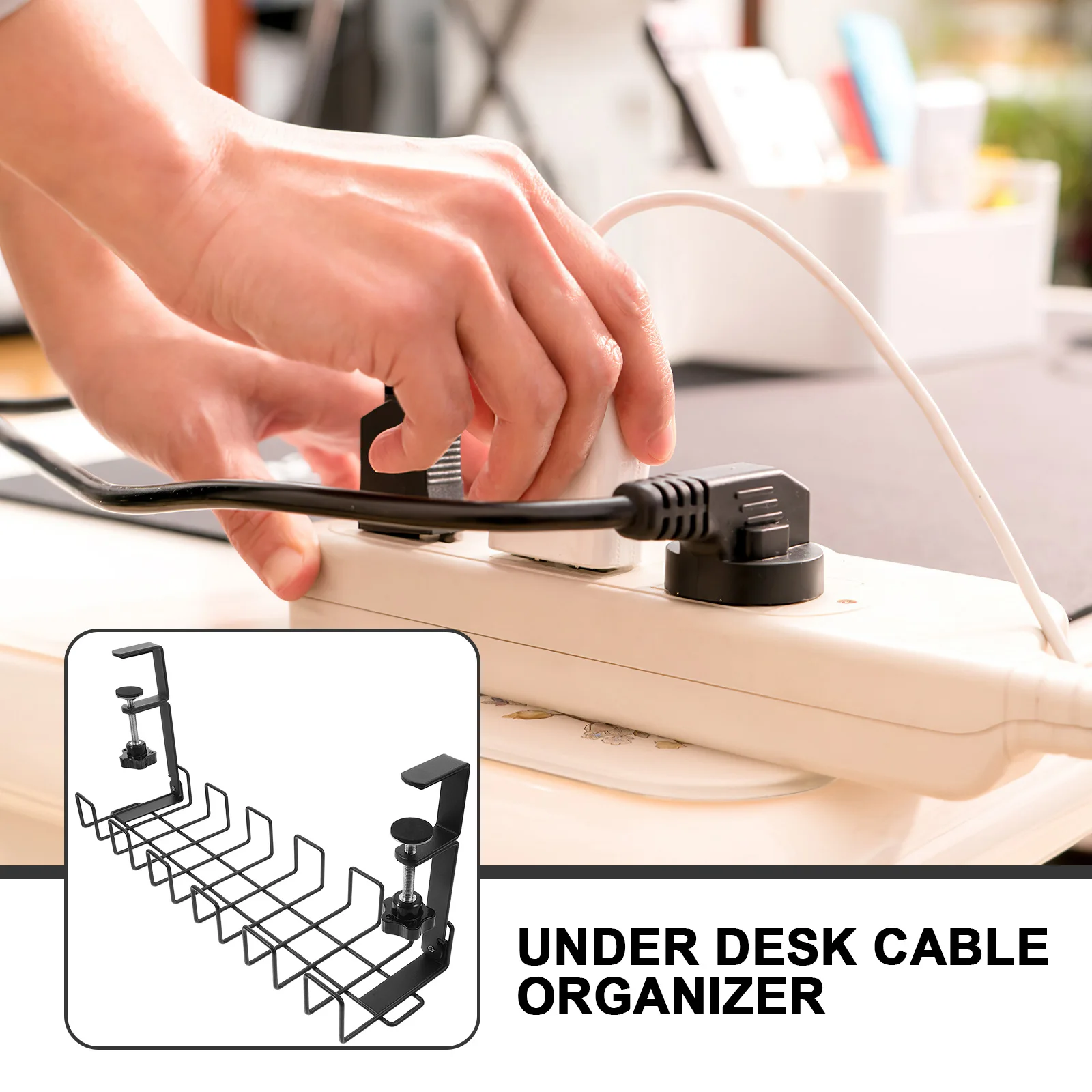 

Adjustable Table Clip Socket Storage Rack Under Desk Cable Management Organizer Black Metal Cord Holder for Office Home Use