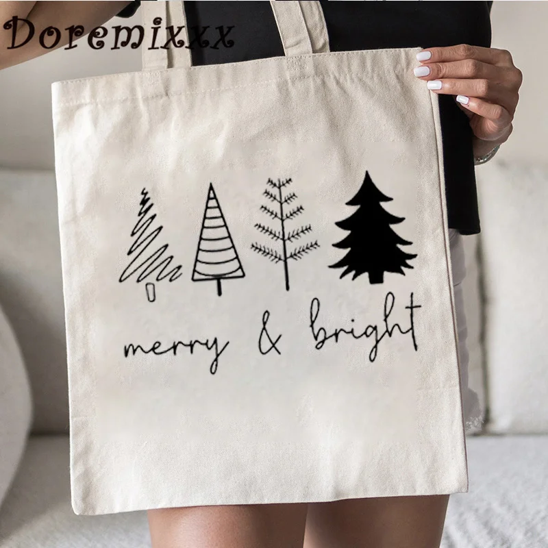 Fashion Tote Bag Women Handbags Merry & Bright Large Capacity Cute Aesthetic Canvas Shoulder Bags Christmas Tree Shopper Bag