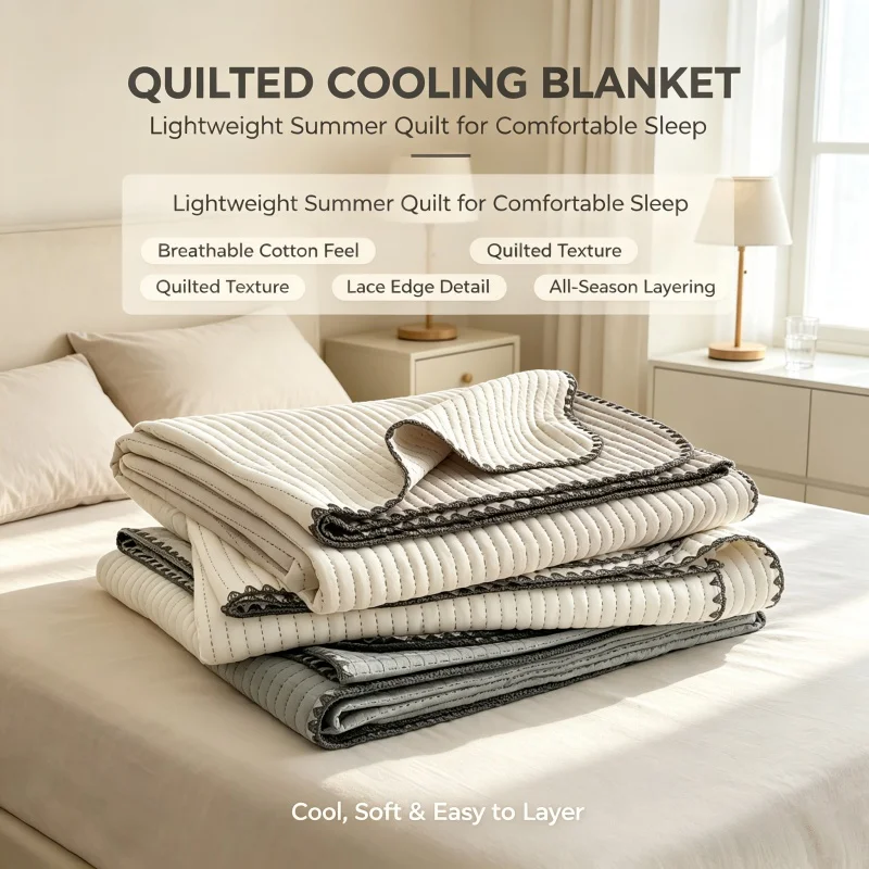 Quilted Cotton Summer Cold Bed Blanket, Lightweight Lace Striped Breathable Thin Bed Nap Sofa Quilt- Seasonal Bedding