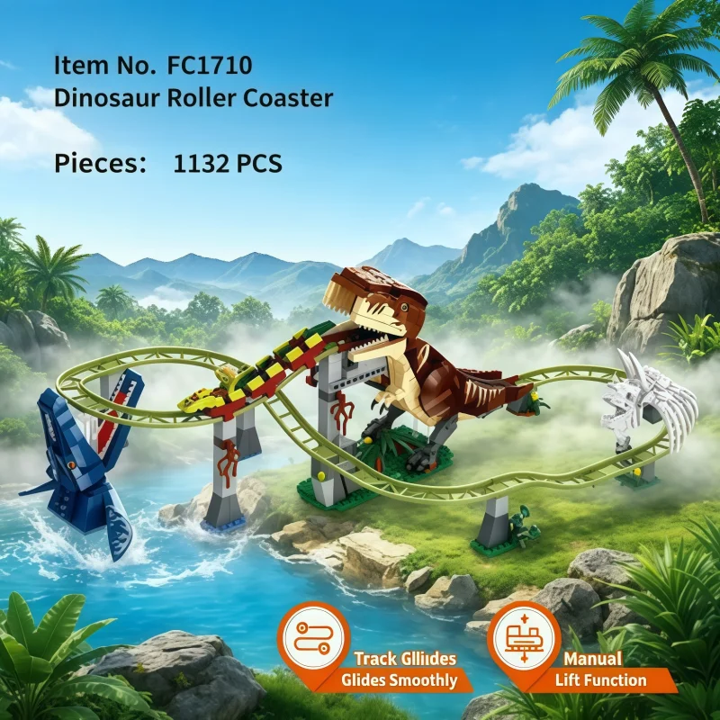 Multi‑Theme Roller Coaster Building Blocks, Mining‑Ocean‑Space‑Jungle Prehistoric Scene Track Model, Functional Mechanical Brick