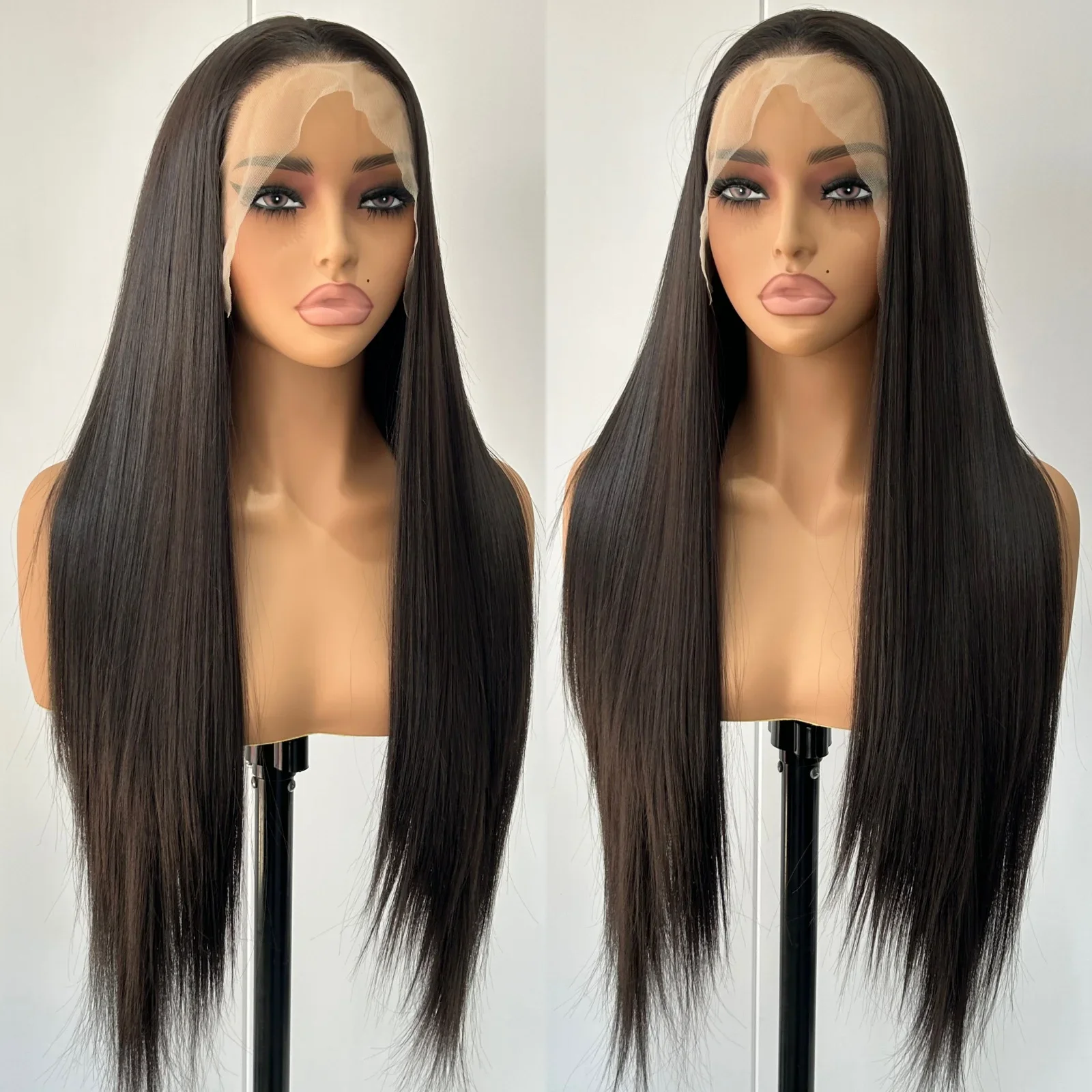 

26Inch Black Long StraightHeat-Resistant Soft 13x4x1 Lace Front Wig For Women With Synthetic Preplucked Glueless Baby Hair