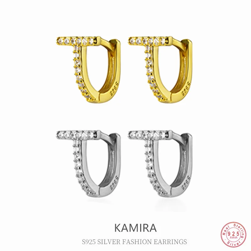 KAMIRA 925 Sterling Silver Elegant Luxury T-shaped Zircon Hoop Earrings for Women Fashion Geometric Wedding Party Fine Jewellery