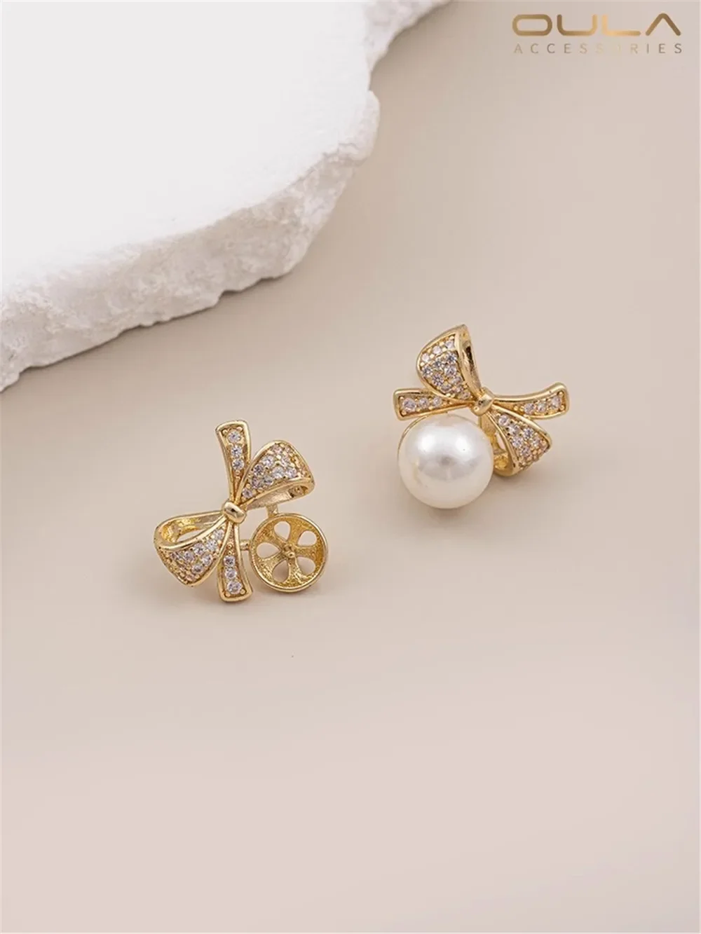 Color Preservation 14K Gold Gold Zircon Bow Half Hole Pearl Bracket Earrings 925 Silver Needle Diy Earrings Materials