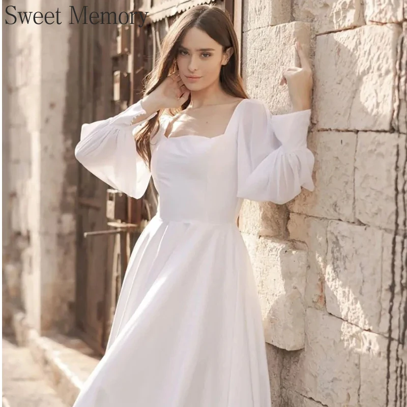 M3176 Sweet Memory Full Sleeves Wedding Dress Square Collar Backless White Black Dresses
