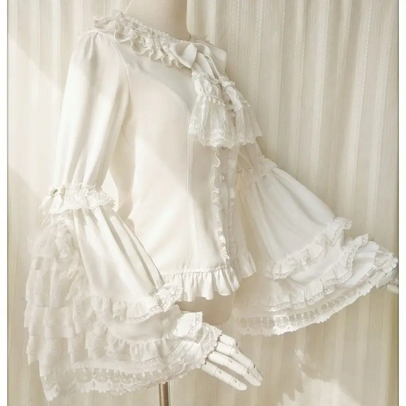 

Retro Harajuku O Neck Spliced Tiered Lace Luxury Blouse Y2k Luxury Gothic Punk Slim Big Flare Sleeve Clothes French Base T Shirt