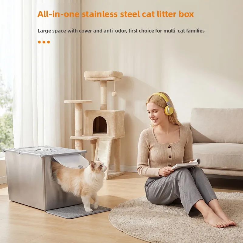 #60cm One-Piece Cat Litter Box with Lid Fully Enclosed Cats Toilet Anti-Splash Metal Kitty Litter Pan Stainless Steel Cat Bedpan