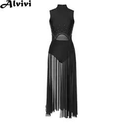 Womens Modern Lyrical Dance Performance Dress Sleeveless Rhinestone Split Sheer Maxi Dresses Ballet Gymnastics Leotard Dancewear