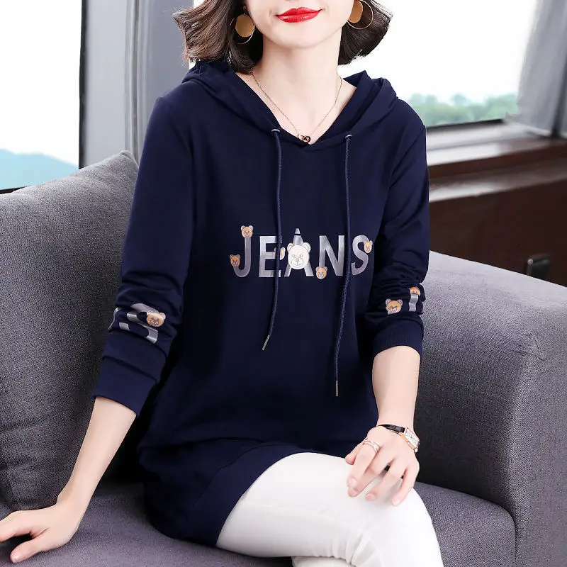 Fashion Hooded Drawstring Pullovers Spring Autumn Casual Letter Printed Cartoon Women\'s Clothing Commute Loose Midi Sweatshirts