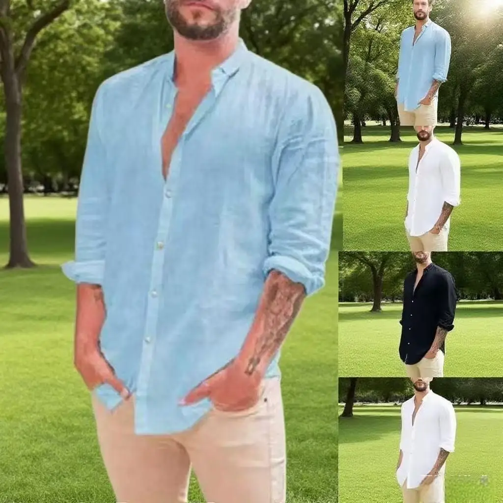 

2025 men's retro stand up collar cardigan new casual long sleeved cotton linen solid color shirt for men