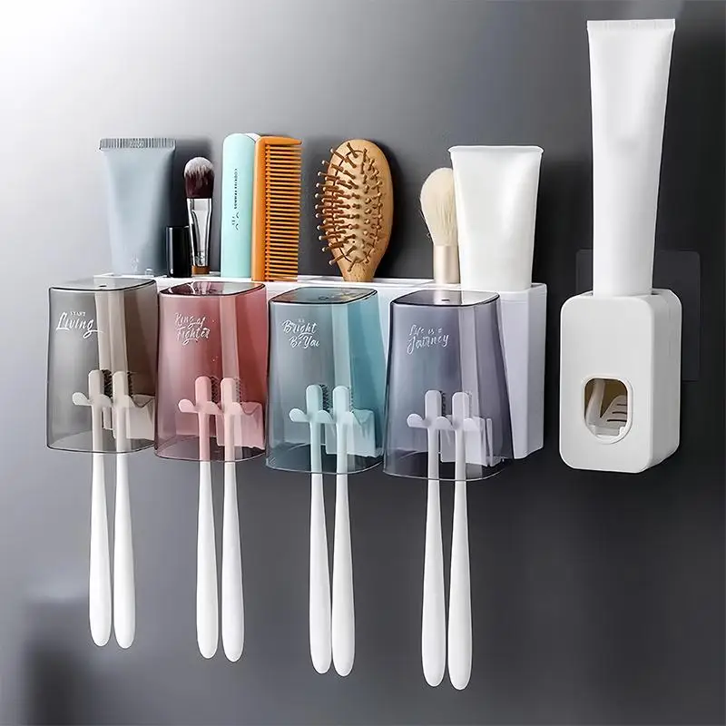Multifunctional Toothbrush Holder And Mug Holder Wall Mounted Perforation-free Bathroom Shelf Mouthwash Cup Toothbrush Holder