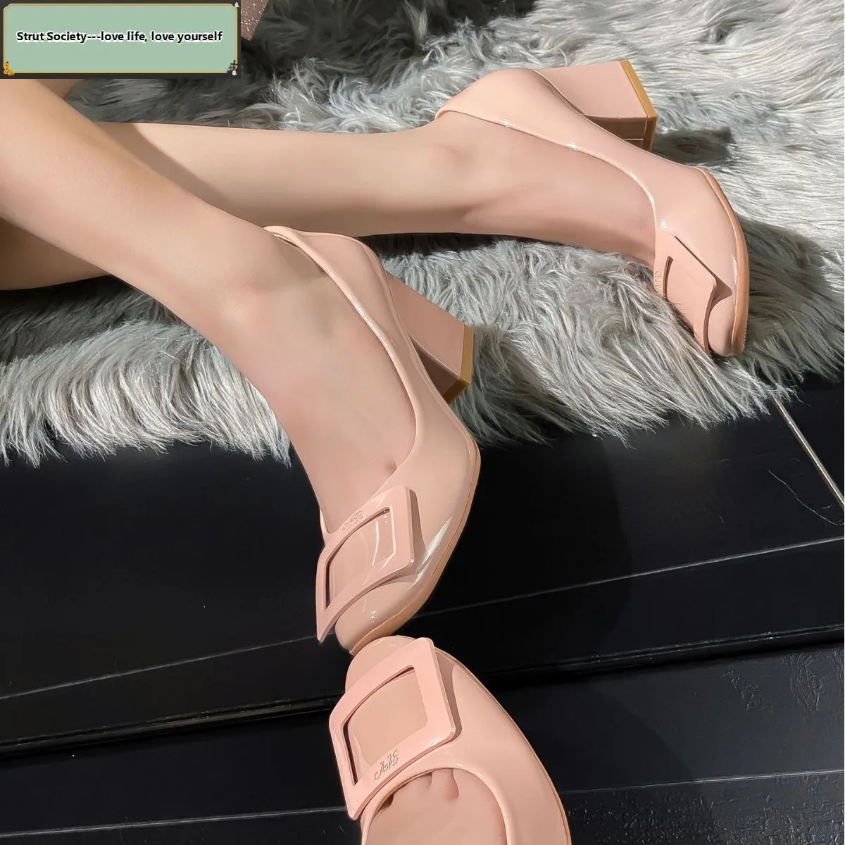 Nude pink pumps 6cm square buckle round toe gentle style high heels versatile shallow vamp workwear chunky heel