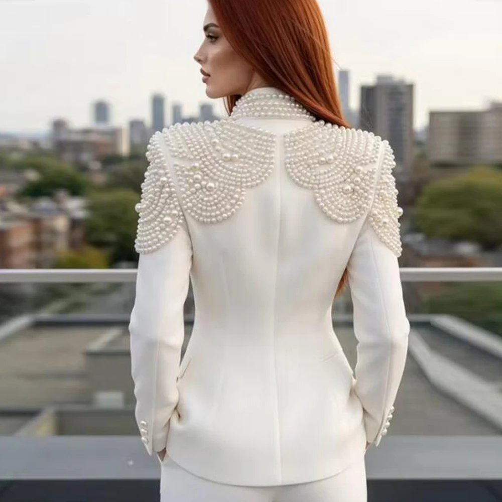 Handmade Pearls Suits Women For Wedding Chinese Style Jacket Pants 2 Pieces Lady Business Party Tuxedo Plus Size Female Outfits