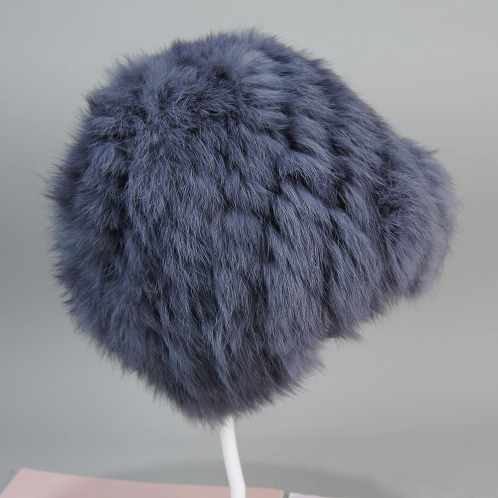 Russian Women Good Elastic Real Rabbit Fur Skully Hat Lady Winter Warm Knitted Genuine Rabbit Fur Hats Outdoor Fluffy Fur Caps