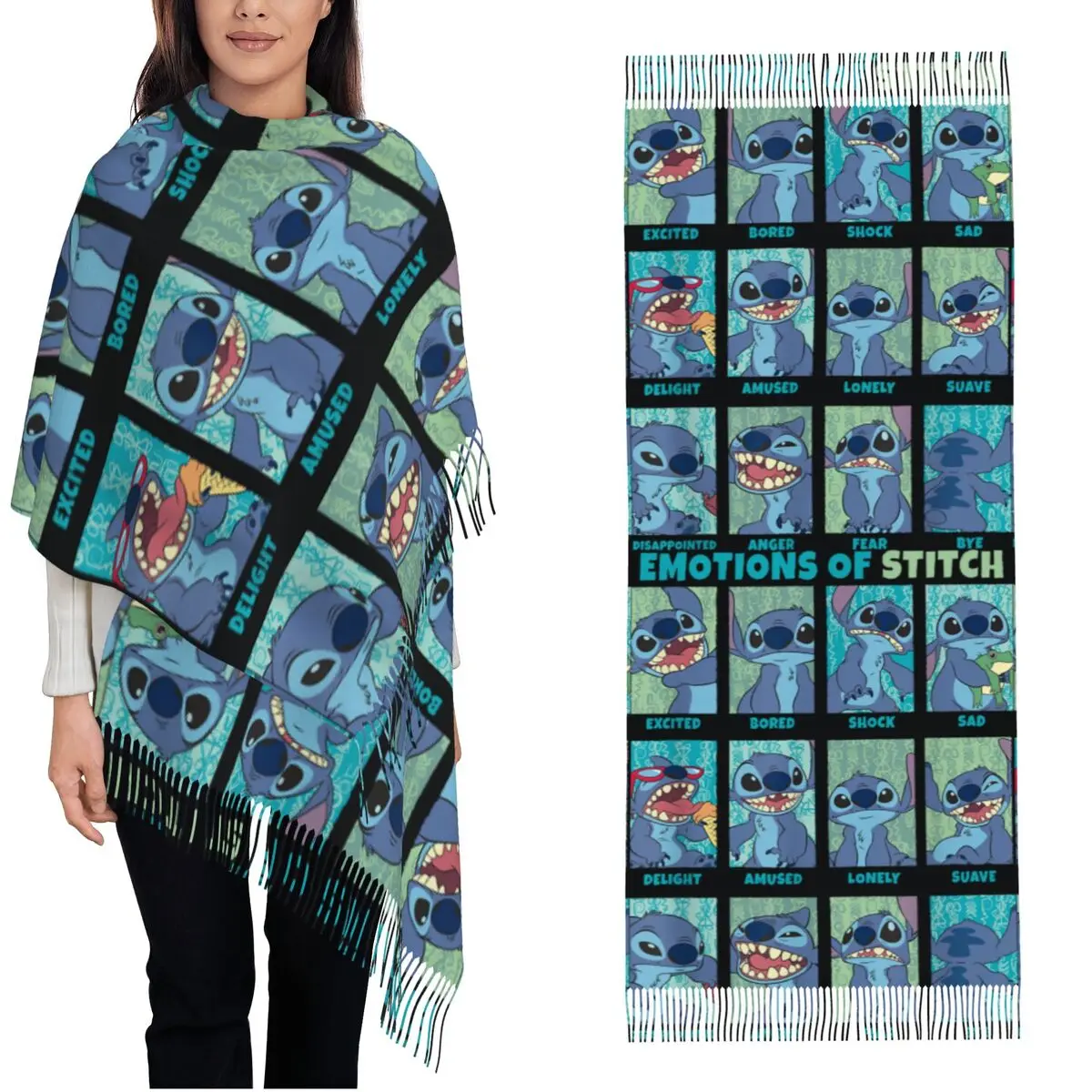 

Шарф-платок Lilo & Stitch с изображением персонажей, с длинными кисточками, женский головной убор, зимняя теплая мягкая шаль-накидка, буфанда