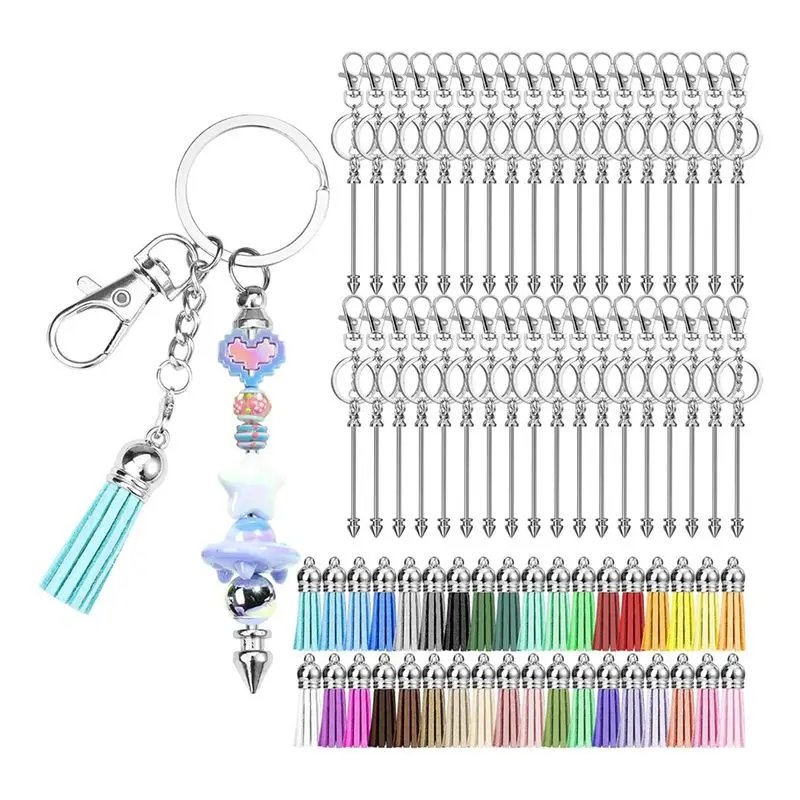 36Pcs Beadable Keychains Bars Silver Beadable Keychain Bars Bulk Blank Keychain Making Kit For DIY Crafts Women Men Gift Eco-Fri