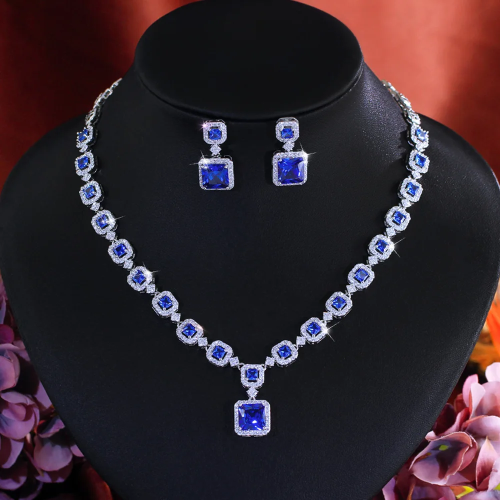 

Роскошный комплект ювелирных изделий с квадратным цирконием, 2 шт. для женщин, элегантное синее ожерелье из синтетического танзанита, серьги, подарок на свадьбу, ужин