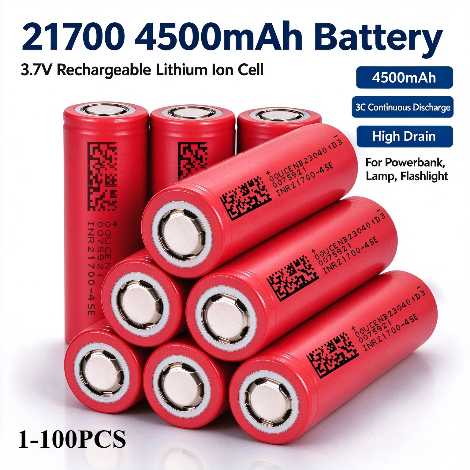 1-100PCS INR21700 45E 4500mAh 3.7V 3C A Grade Rechargeable Lithium Battery for Power Tools Christmas Decor Lights 21700  Battery