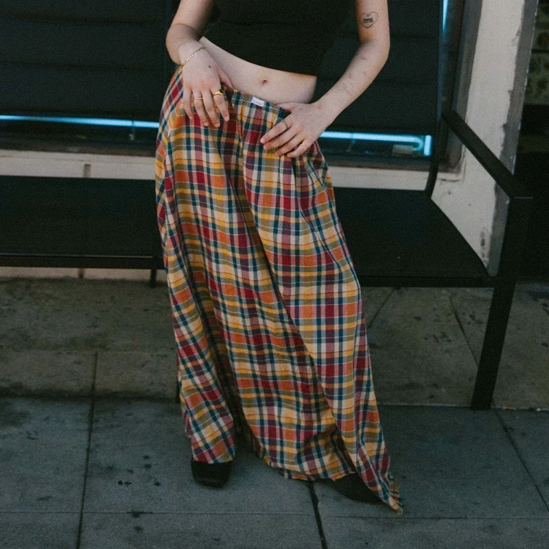 

Y2K Aesthetic Preppy Grunge Long A-line Skirts 90s Cottage Plaid High Elastic Waist Maxi Skirts E-girl Kawaii Retro Streetwear