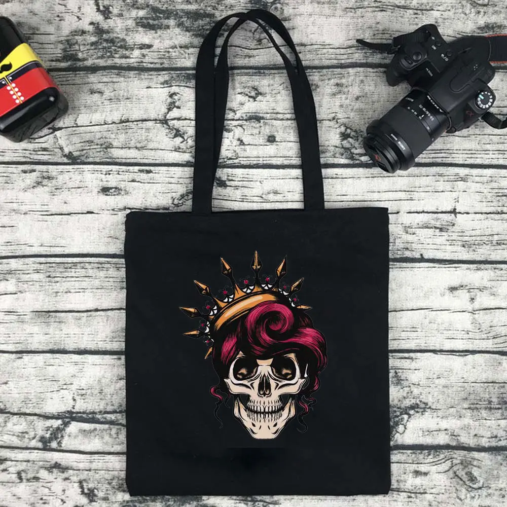 Skull Print 2022 Ladies Handbag Cloth Canvas Tote Black Shopping Travel Women Eco Reusable Shoulder Shopper Student Shopping Bag